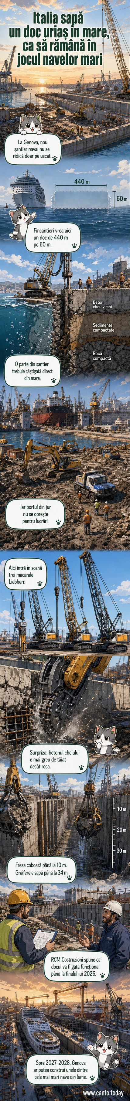 Proiectul noului șantier naval din Genova, Italia, cu macarale Liebherr în acțiune pentru excavarea fundului mării și a cheiului portuar.