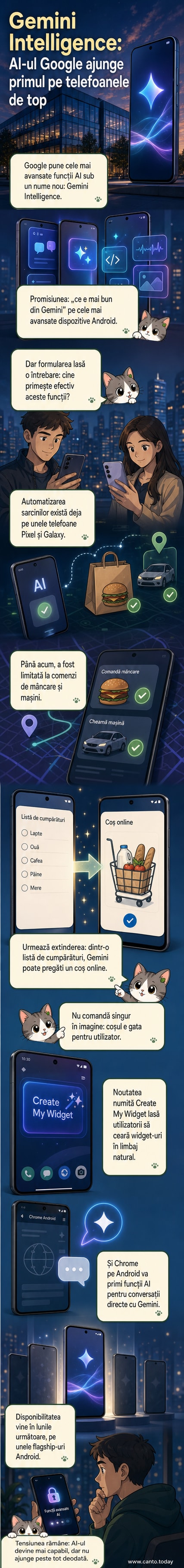 Ilustrație care prezintă un smartphone Android cu interfața Gemini Intelligence activă, arătând un widget personalizat și un coș de cumpărături generat automat dintr-o listă.