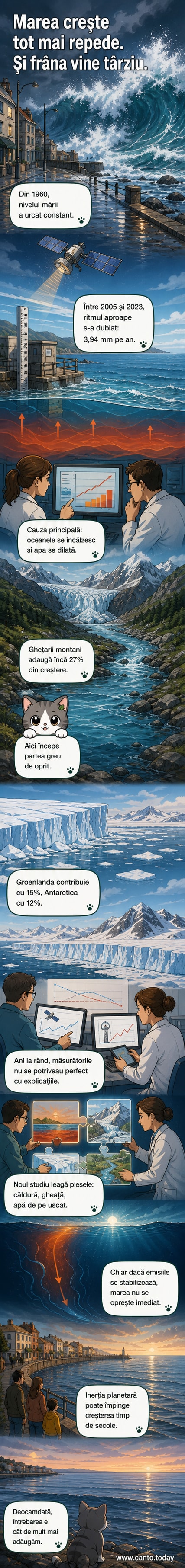O hartă ilustrează creșterea nivelului mării, cu săgeți care arată expansiunea apei și topirea ghețarilor din Groenlanda și Antarctica.