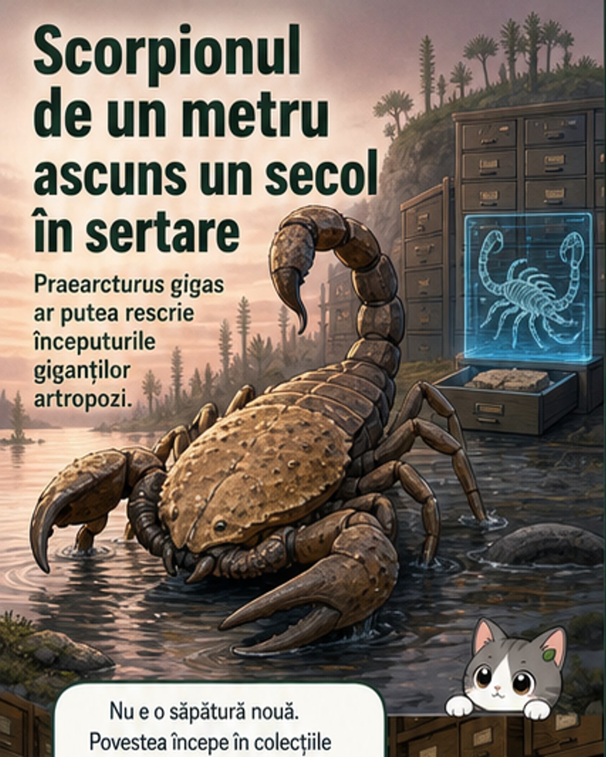 Reprezentare artistică a unui scorpion uriaș cu clești mari, trăind într-un mediu acvatic și terestru, în timpul perioadei Devoniană.