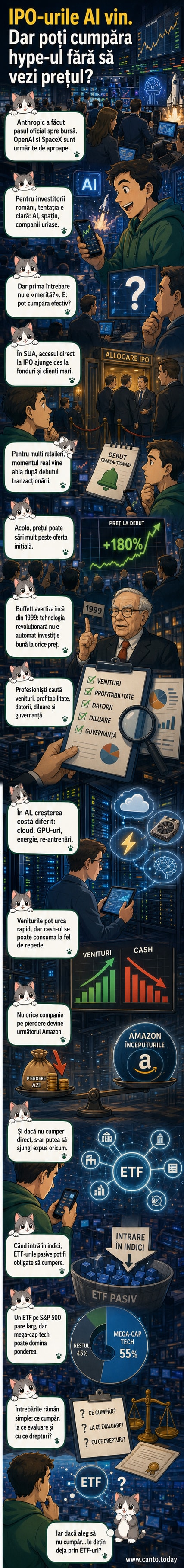 Ilustrație cu trei companii tehnologice — Anthropic, OpenAI, SpaceX — pe cale să intre pe bursă, cu grafice de creștere și semne de întrebare pentru investitori români.