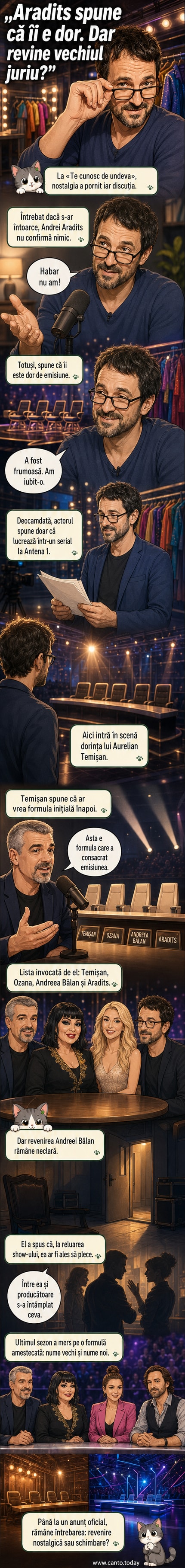 Ilustrație stilizată cu patru membri ai juriului „Te cunosc de undeva”: Aurelian Temișan, Ozana Barabancea, Andreea Bălan și Andrei Aradits, într-un decor de scenă televizată cu microfoane și lumini de show.