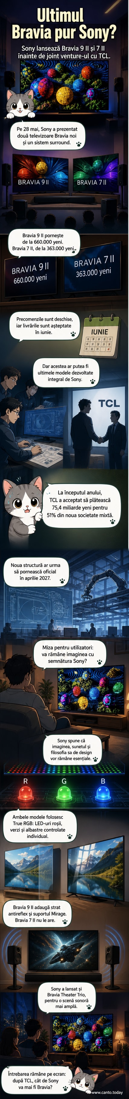 Două televizoare Bravia alăturate: modelul 9 II cu suport transparent și 7 II fără, ambele evidențiind tehnologia True RGB.