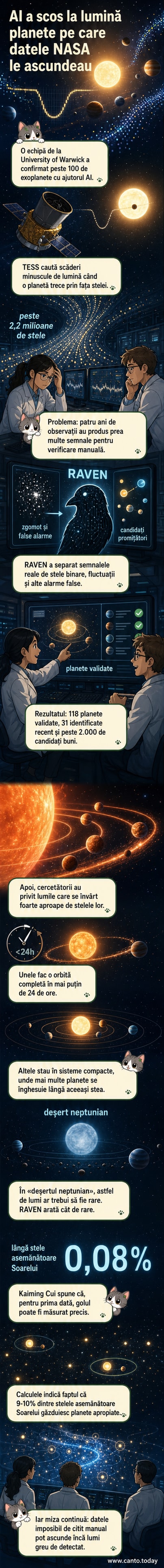 Ilustrație științifică cu o planetă mică trecând în fața unei stele, înconjurată de date numerice și linii de semnal, cu un algoritm AI care analizează fluxul luminos în fundal
