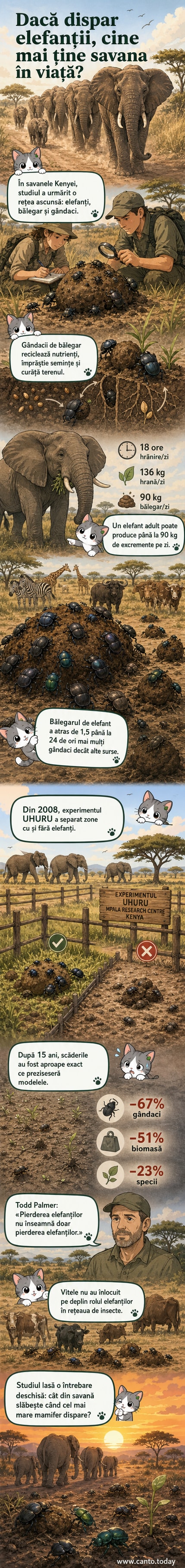 Un elefant în savană, cu o ilustrație schematică a gândacilor de bălegar activi în jurul excrementelor sale, simbolizând interconectarea ecologică.