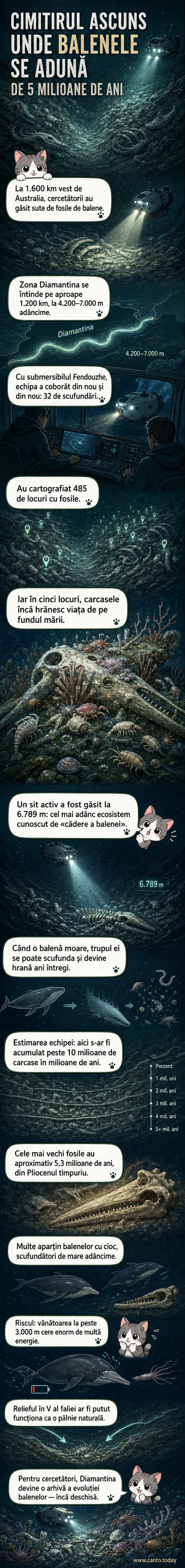 Imagine ilustrativă a unui fund oceanic adânc cu schelete fosilizate de balene și forme de viață marină în jur.