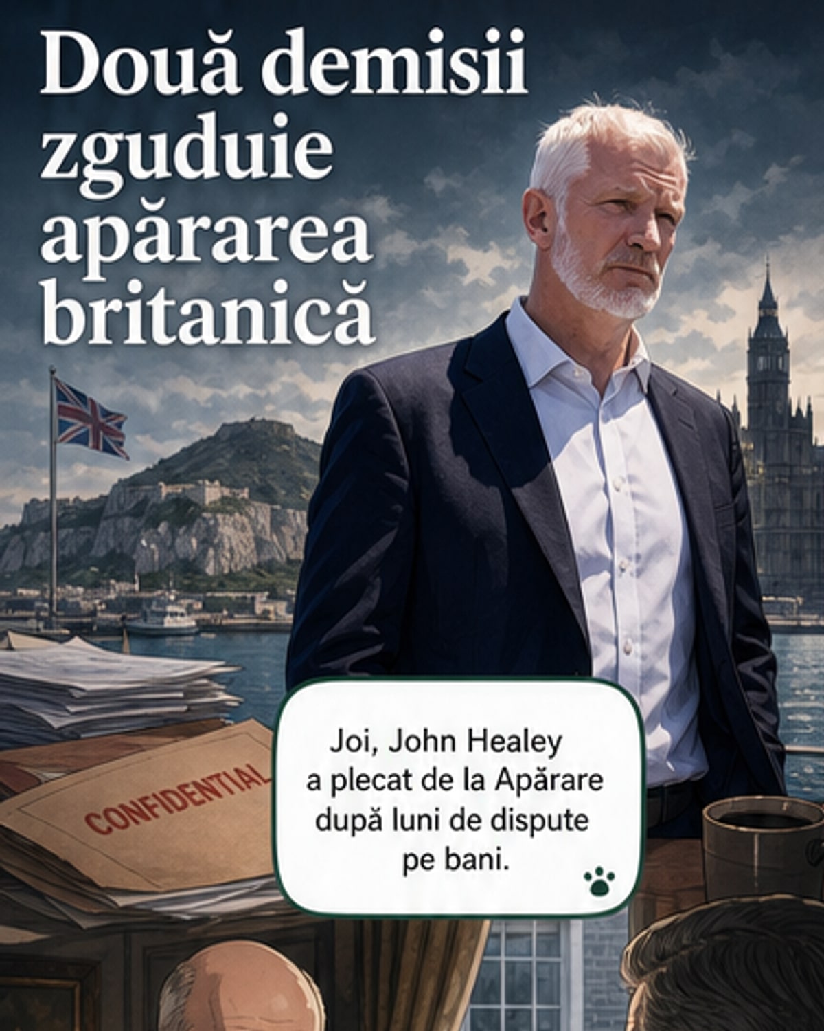Două fotografiile alăturate: John Healey și Al Carns, miniștri britanici demisionari, în uniforme formale, pe fundalul steagului Marii Britanii.