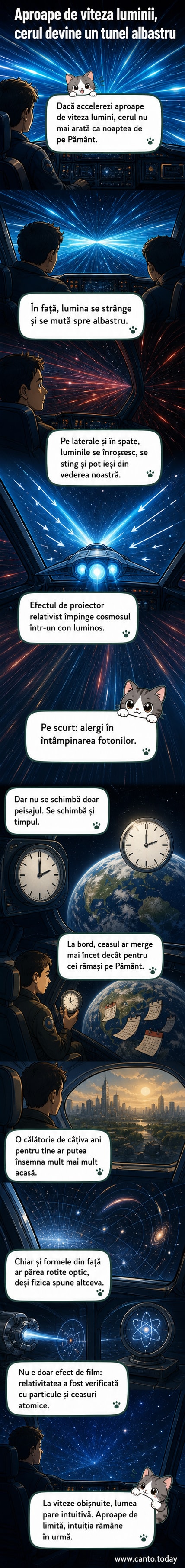 Ilustrație a unei nave spațiale care se deplasează aproape cu viteza luminii, cu stelele din față strânse într-un tunel albastru strălucitor și cerul din spate întunecat și roșietic.