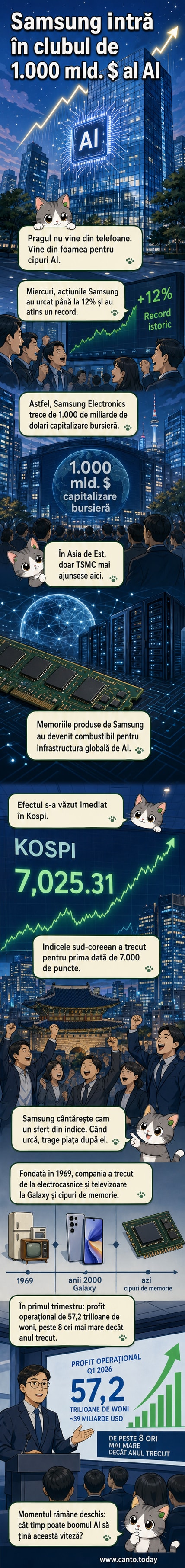 Ilustrație care arată un cip de memorie Samsung cu logo-ul companiei, înconjurat de linii digitale care simbolizează inteligența artificială și creșterea bursieră rapidă.