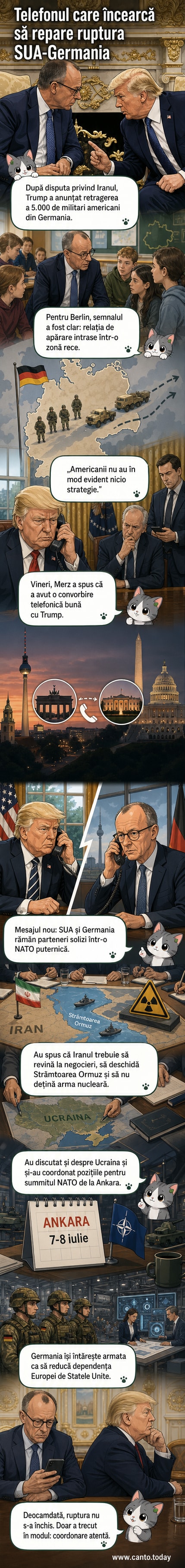 Ilustrație cu Donald Trump și Friedrich Merz vorbind la telefon, cu hărți ale Europei și Orientului Mijlociu în fundal.