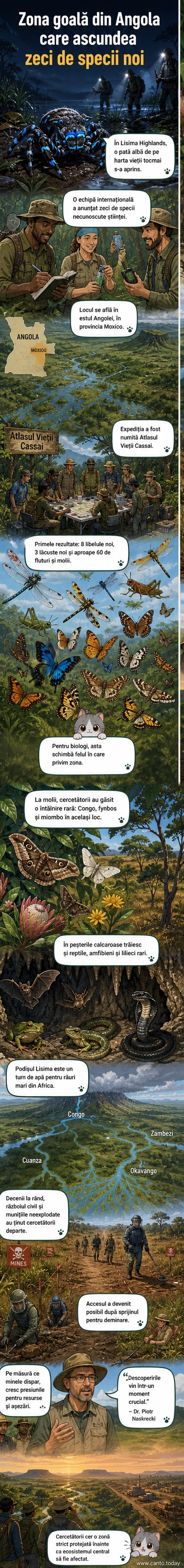 O ilustrație a unui peisaj muntos din Africa cu fluturi strălucitori și oameni de știință în cercetare, într-un context natural intact.