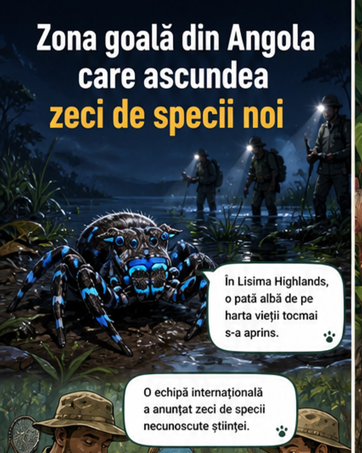 O ilustrație a unui peisaj muntos din Africa cu fluturi strălucitori și oameni de știință în cercetare, într-un context natural intact.