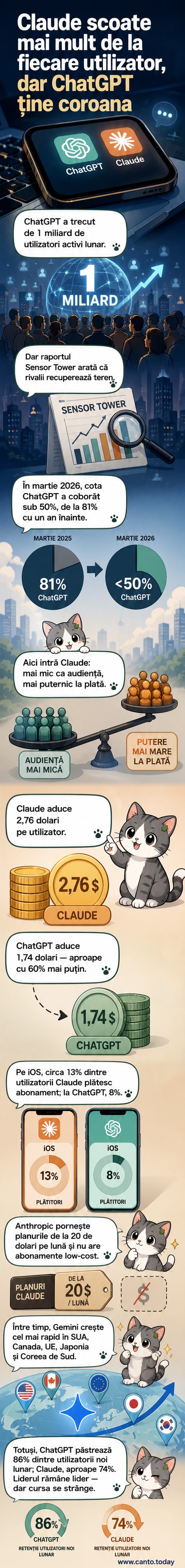 Două aplicații de inteligență artificială, ChatGPT și Claude, ilustrate alături de grafice cu utilizatori și venituri, evidențiind diferențele între bază largă de utilizatori și venituri per utilizator.
