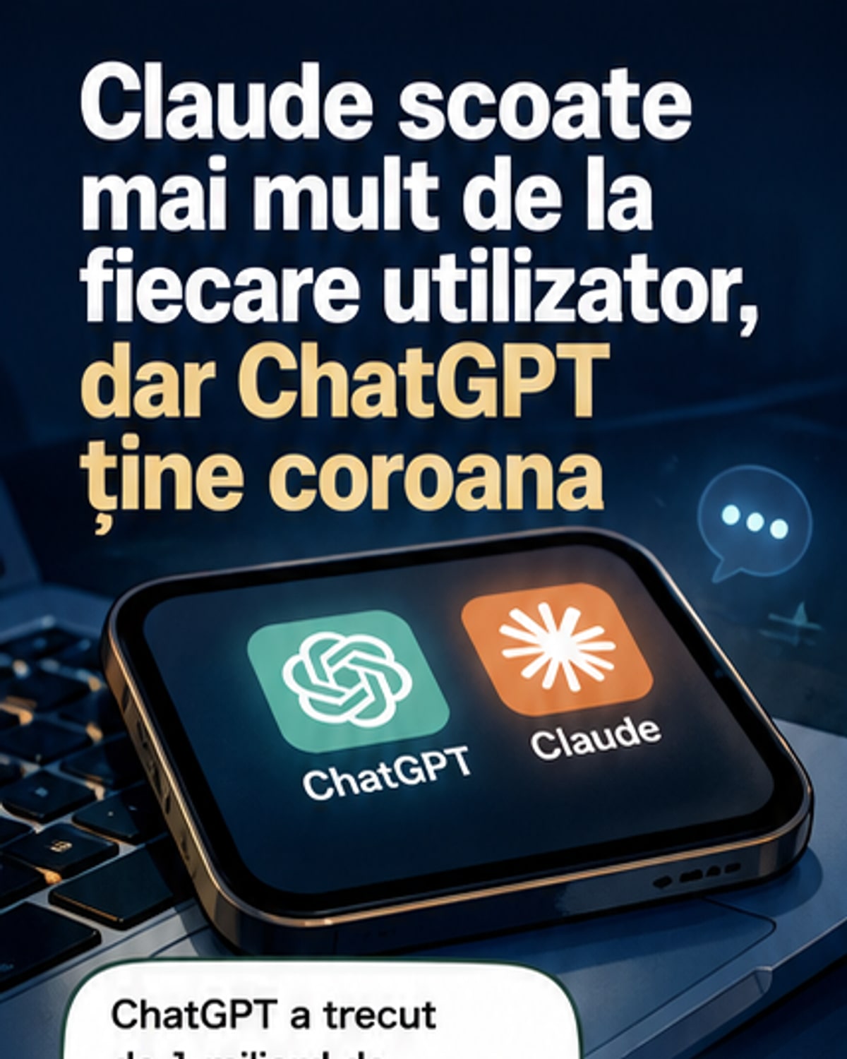 Două aplicații de inteligență artificială, ChatGPT și Claude, ilustrate alături de grafice cu utilizatori și venituri, evidențiind diferențele între bază largă de utilizatori și venituri per utilizator.