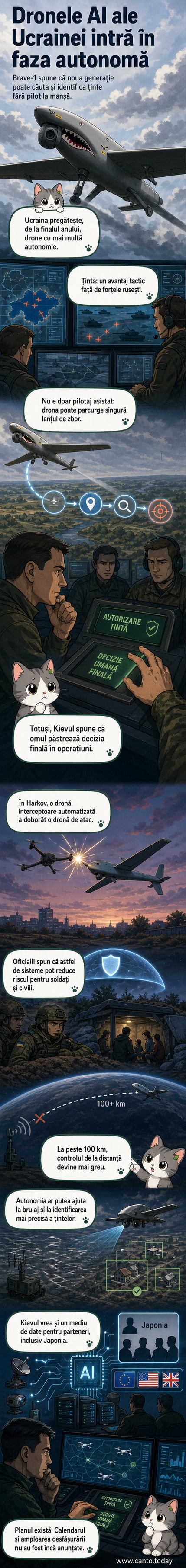 Ilustrație cu o dronă militară autonomă în zbor deasupra unui câmp de luptă, echipată cu senzori AI, identificând ținte pe un ecran de control digital.