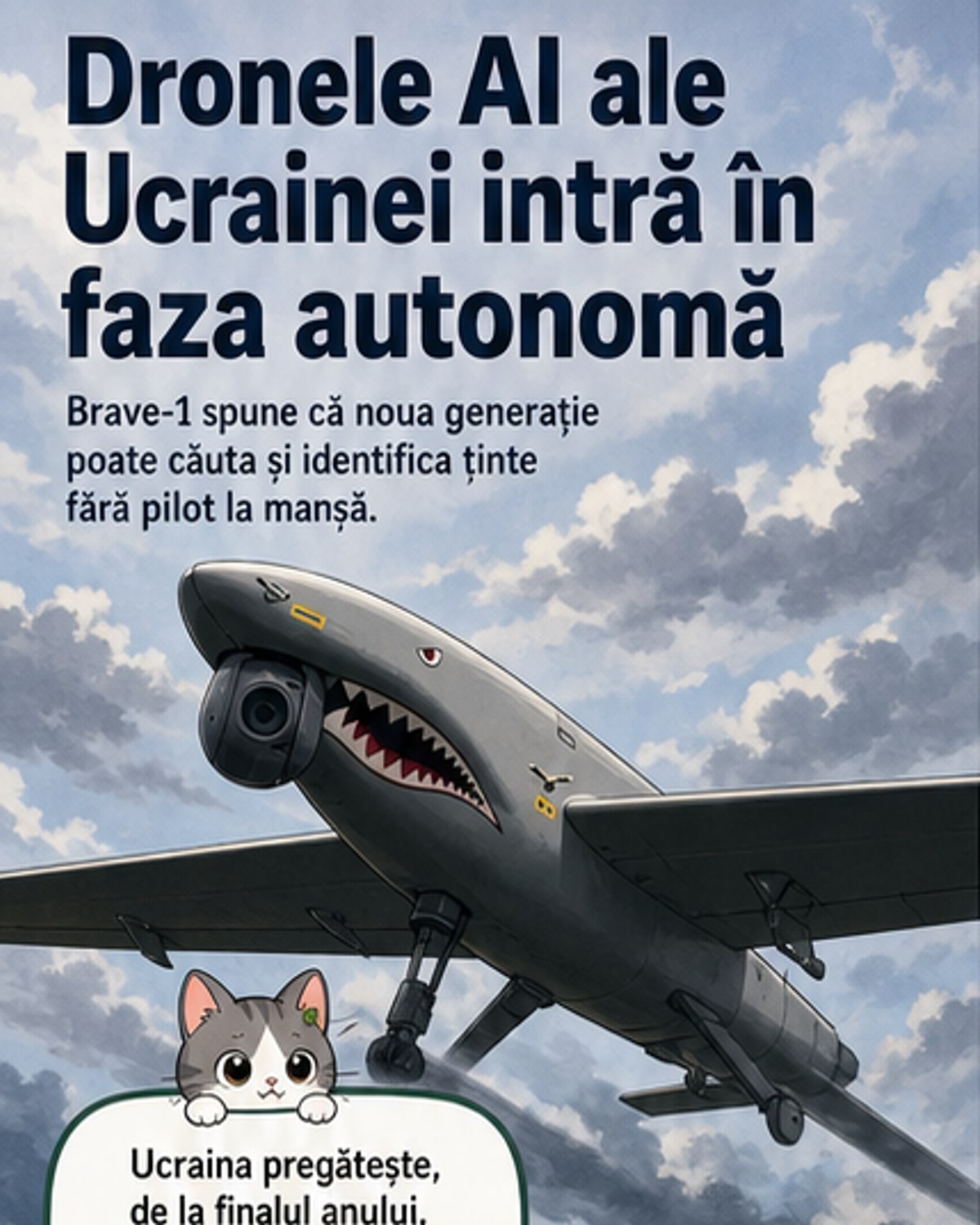 Ilustrație cu o dronă militară autonomă în zbor deasupra unui câmp de luptă, echipată cu senzori AI, identificând ținte pe un ecran de control digital.