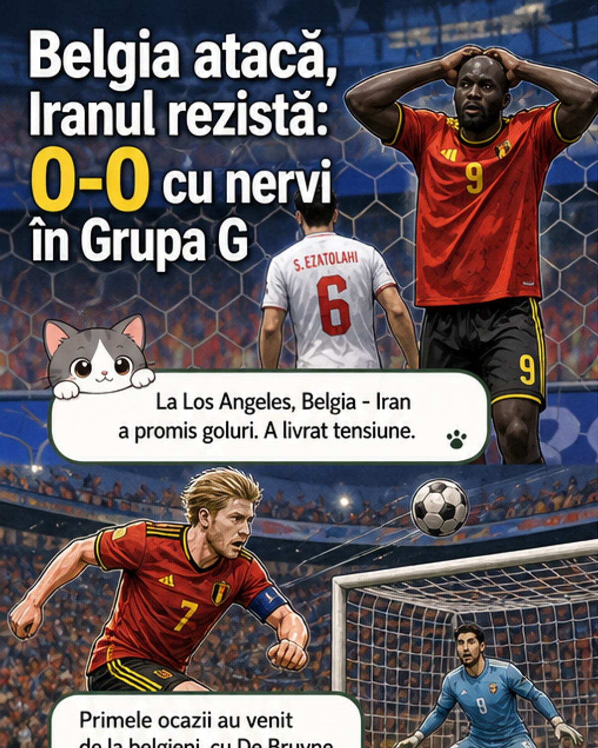 Jucători de fotbal într-un meci internațional intens, cu public numeros în tribune și arbitru central observând o acțiune crucială.