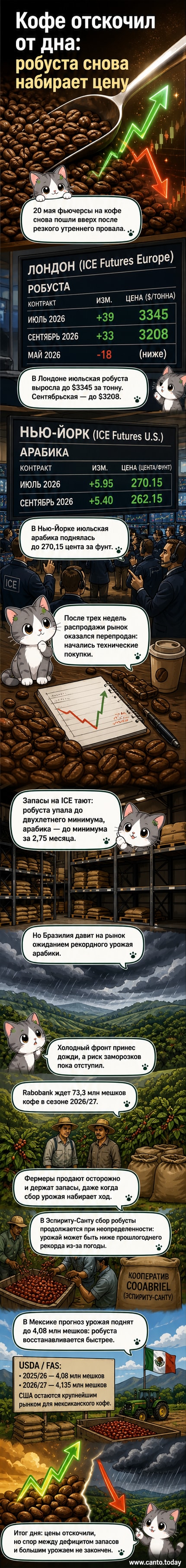 График роста цен на кофе робуста и арабику на биржах Лондона и Нью-Йорка, фоном — кофейные зёрна и бразильские плантации