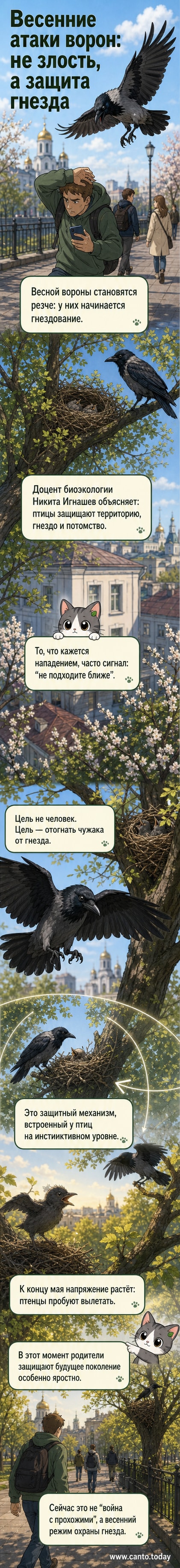 Ворона в полёте над городом, защищает гнездо с птенцами на фоне весеннего пейзажа