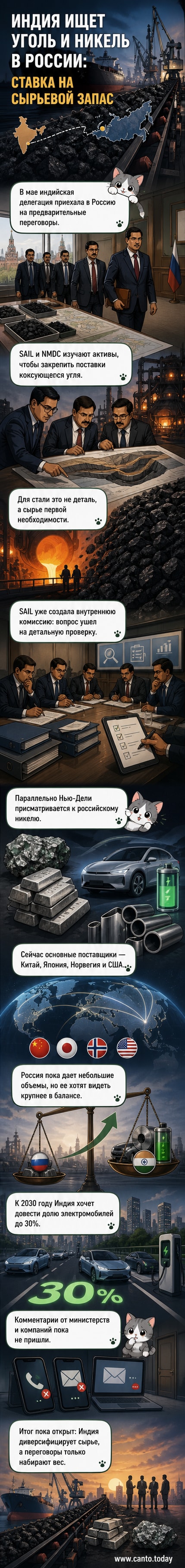 Иллюстрация: карта мира с маршрутами поставок угля и никеля между Россией и Индией, рядом — изображения шахт, сталелитейного завода и электромобиля.