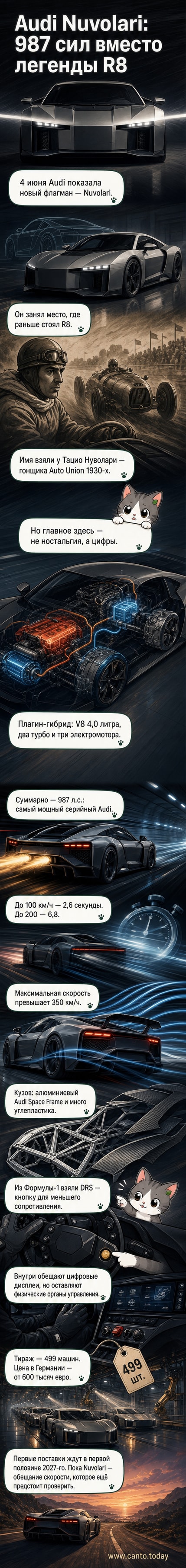 Глянцевый чёрный суперкар Audi Nuvolari на фоне трека, с открытым спойлером и подсветкой DRS, вид сзади под низким углом.