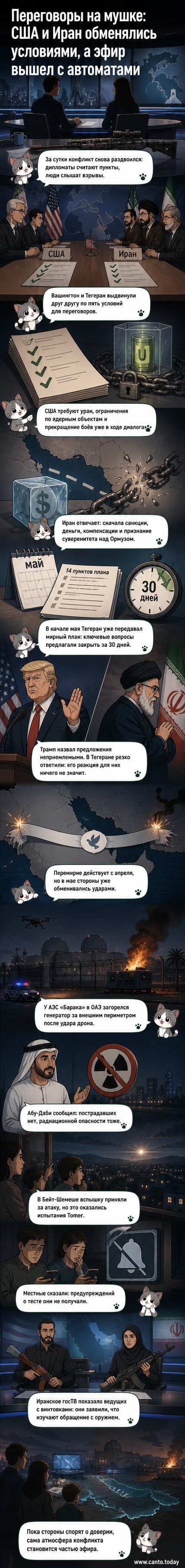 Иранские телеведущие в студии с автоматами на фоне карты региона и надписи о готовности к обороне.