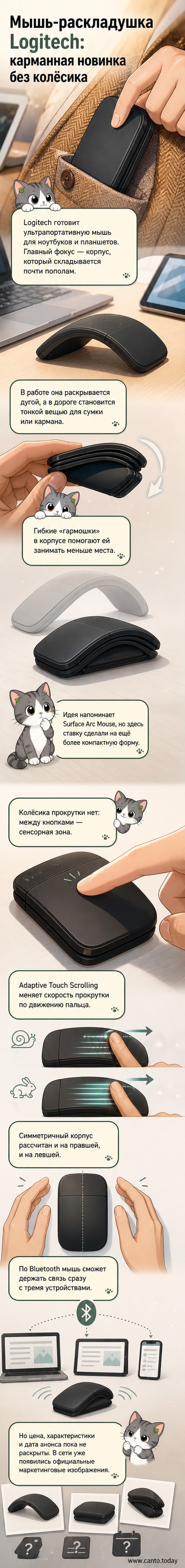 Складная компьютерная мышь Logitech в разложенном и сложенном виде на белом фоне