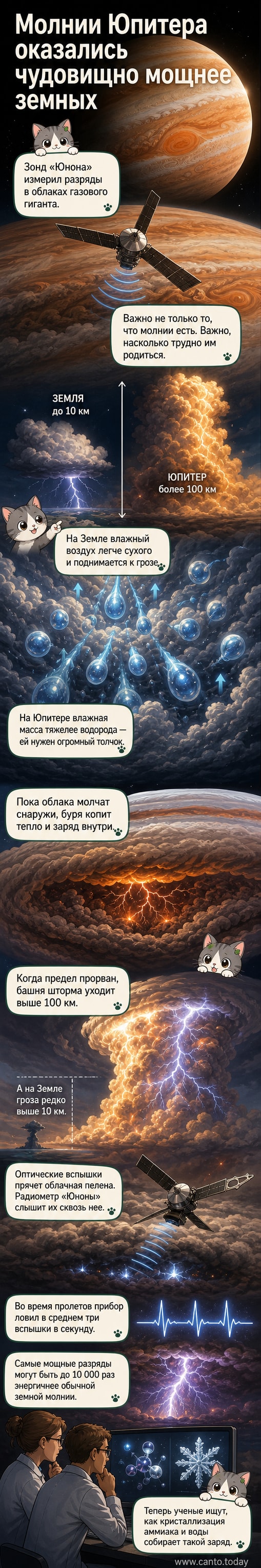 Иллюстрация: гигантская молния пронзает плотные облака Юпитера, фон — полосатая атмосфера планеты и тень зонда «Юнона»