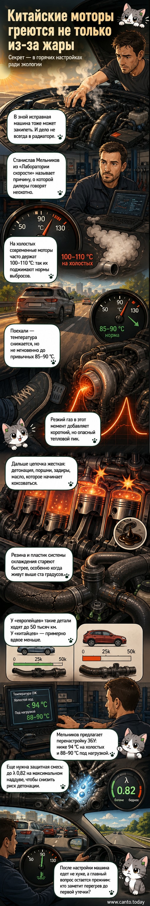 Иллюстрация двигателя с температурными зонами: красный — перегрев, жёлтый — норма. Рядом — схема системы охлаждения с трещинами в патрубках.
