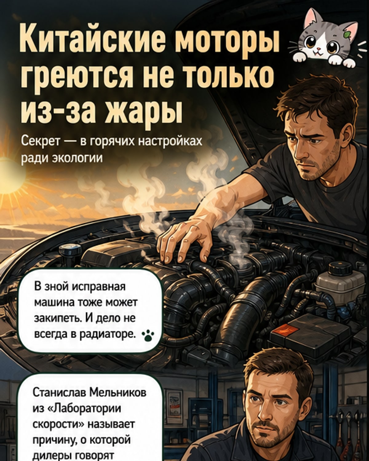 Иллюстрация двигателя с температурными зонами: красный — перегрев, жёлтый — норма. Рядом — схема системы охлаждения с трещинами в патрубках.