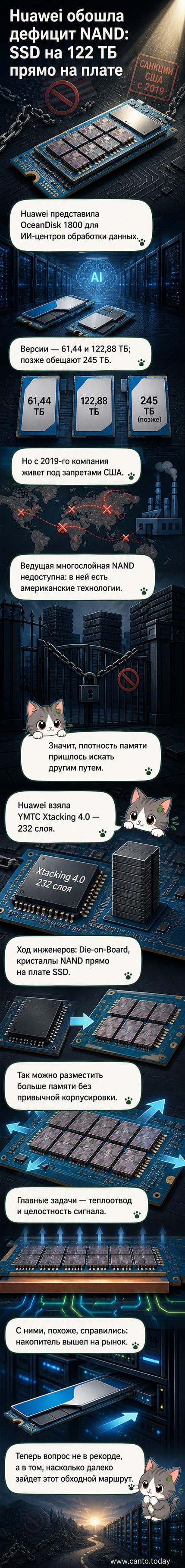 Схематичное изображение SSD-накопителя Huawei OceanDisk 1800 с кристаллами памяти, напрямую установленными на печатной плате, без традиционных корпусов — технология Die-on-Board под санкциями.