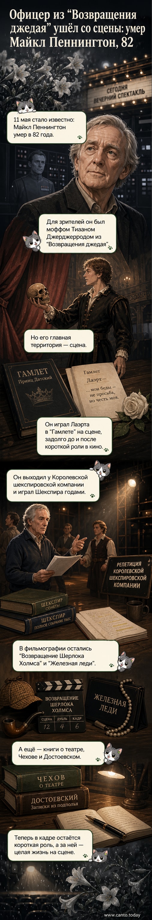 Чёрно-белый портрет актёра Майкла Пеннингтона в театральном гриме, сзади — размытый силуэт имперского офицера из «Звёздных войн»