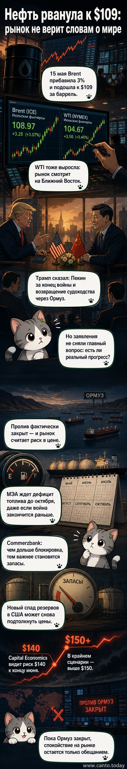 График роста цен на нефть Brent на фоне карты Ормузского пролива с обозначением ключевых маршрутов поставок