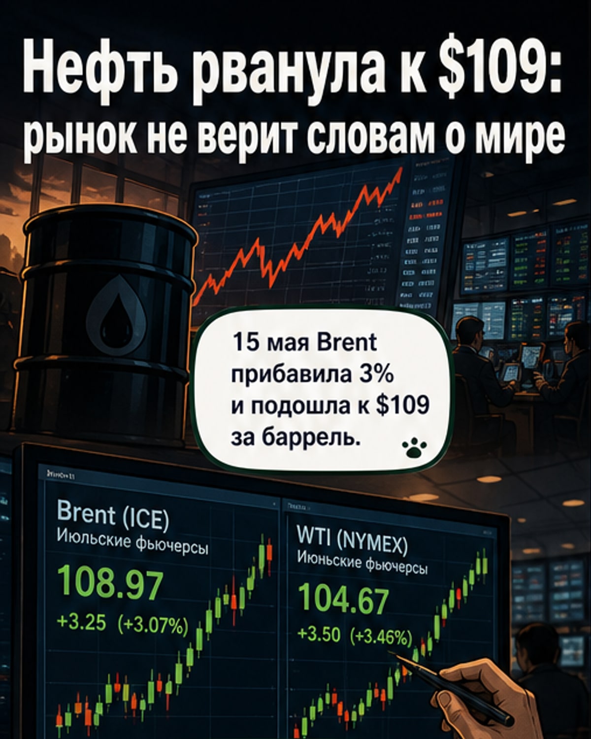 Нефть Brent подорожала более чем на 3%