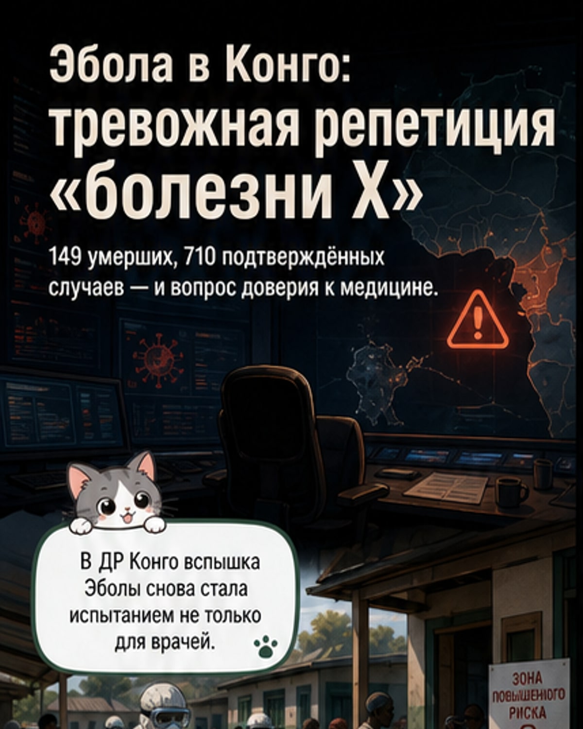 Медработник в защитном костюме рядом с картой ДР Конго, где отмечены очаги вспышки Эболы