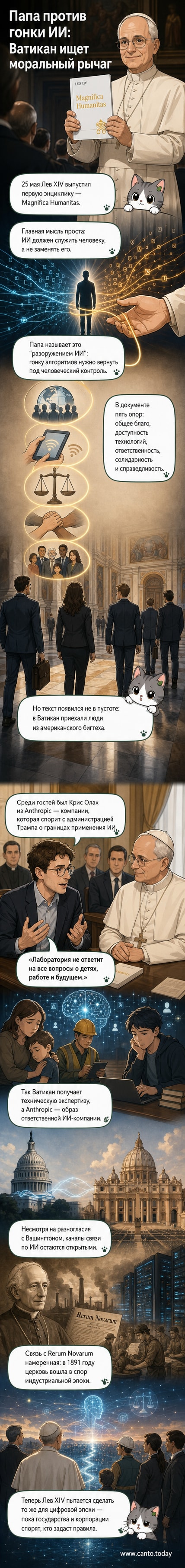 Папа Лев XIV на фоне цифровых символов ИИ, держит в руках документ с названием «Magnifica Humanitas»