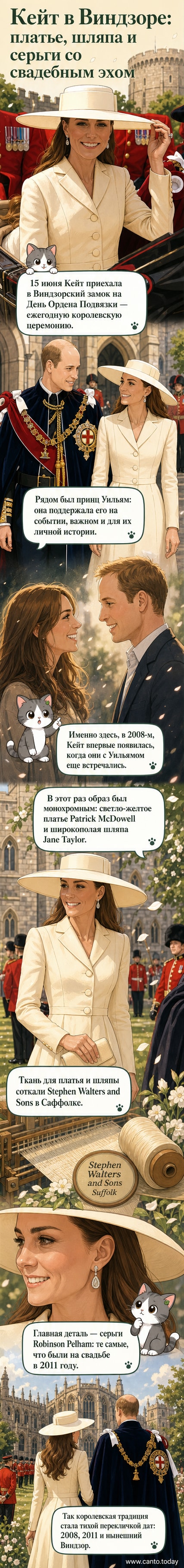 Кейт Миддлтон в светло-жёлтом платье и широкополой шляпе стоит на фоне Виндзорского замка, рядом с другими членами королевской семьи.