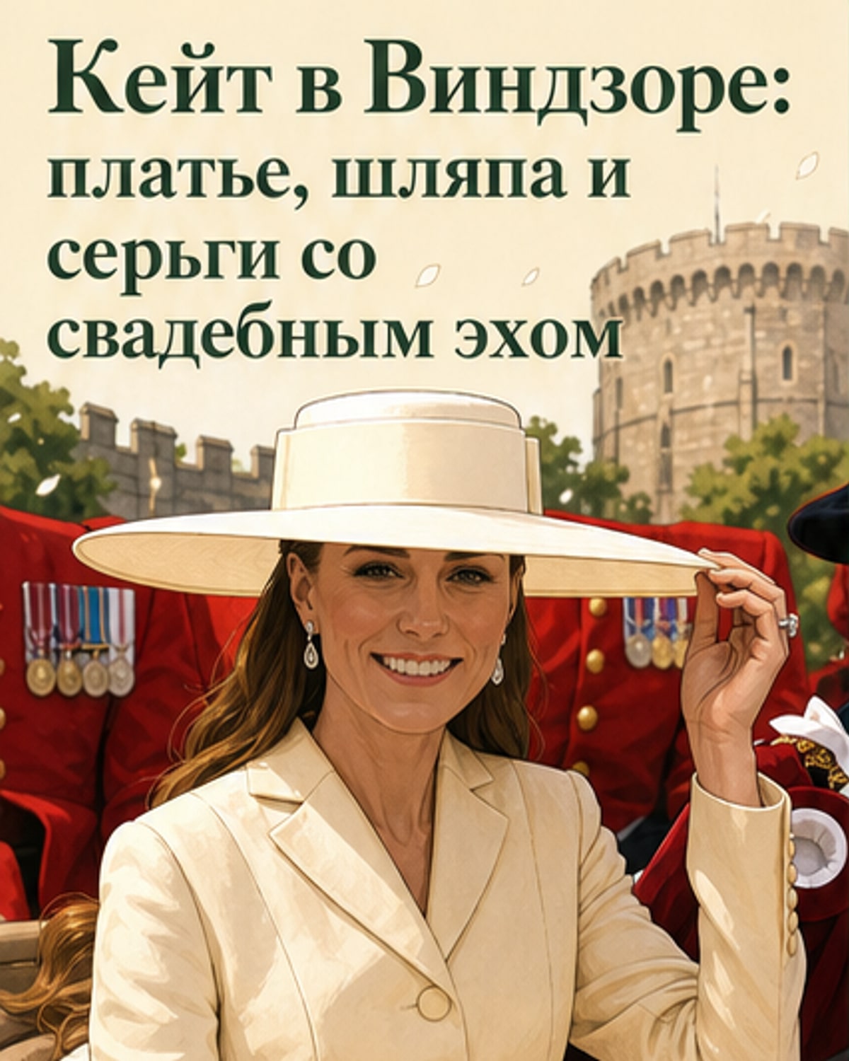 Кейт Миддлтон в светло-жёлтом платье и широкополой шляпе стоит на фоне Виндзорского замка, рядом с другими членами королевской семьи.