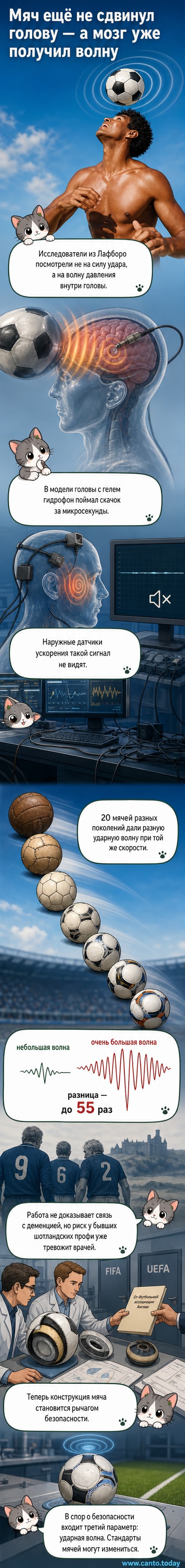 Модель головы с датчиками, испытывающая удар мячом — визуализация эксперимента по измерению давления в мозге при игре головой