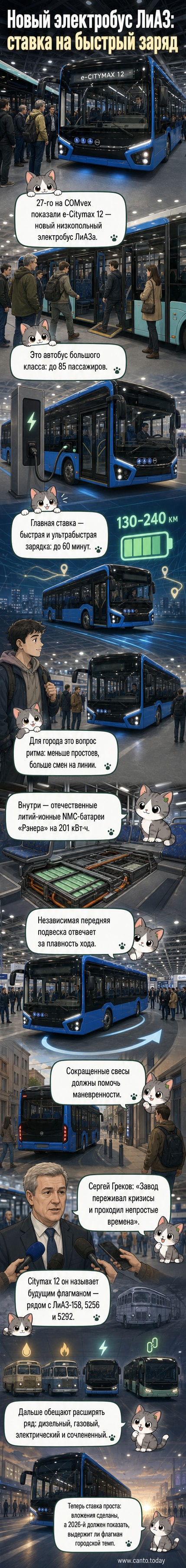 Современный низкопольный электробус e-Citymax 12 на фоне выставочного стенда, крупно видна передняя часть с логотипом ЛиАЗ и зарядным портом.