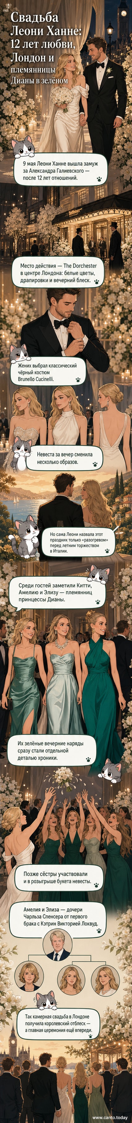 Свадьба блогера Леони Ханне в Лондоне с участием племянниц принцессы Дианы в вечерних нарядах зелёных оттенков.