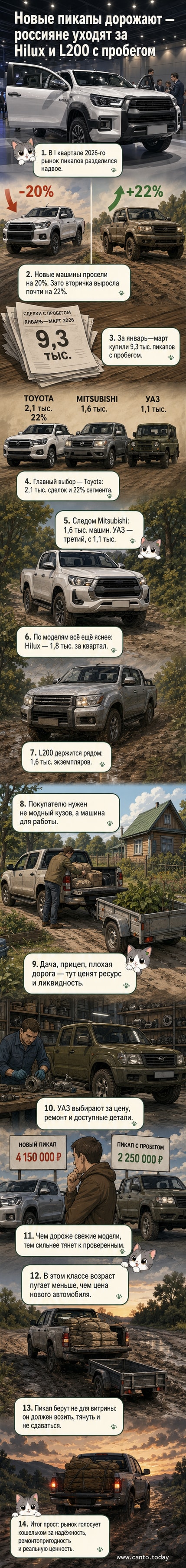 Два пикапа — Toyota Hilux и Mitsubishi L200 — стоят на фоне разбитой грунтовой дороги, подчёркивая их выносливость и популярность на российском вторичном рынке