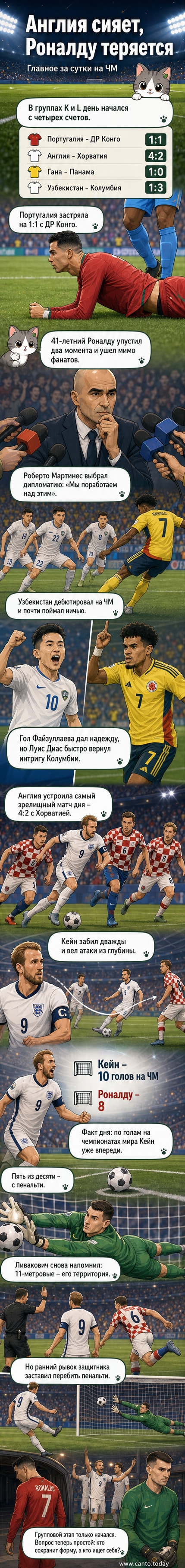 Футбольное поле с игроками Англии и Хорватии, Харри Кейн празднует гол, в центре — разочарованный Роналду на беговой дорожке.