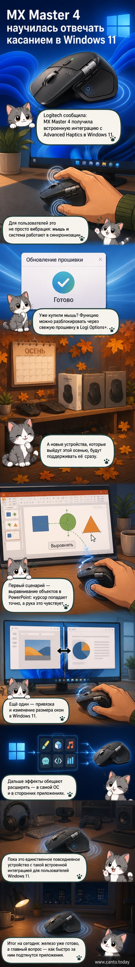 Изображение мыши Logitech MX Master 4 на фоне интерфейса Windows 11 с визуализацией вибрационного отклика при выравнивании объектов.
