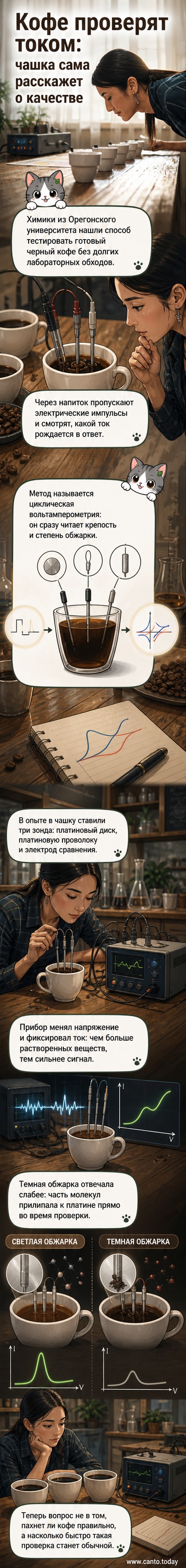 Схематичное изображение чашки с кофе, через которую проходят электрические импульсы; три электрода погружены в жидкость, рядом — график вольтамперограммы