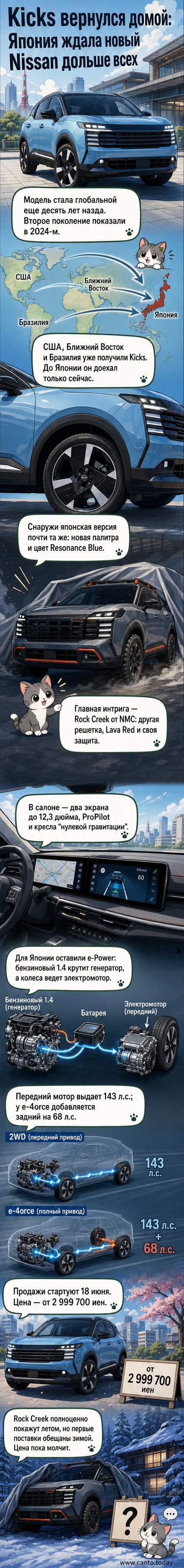 Nissan Kicks в новом поколении на фоне городской улицы, вид спереди, с новой решёткой и колёсами Rock Creek