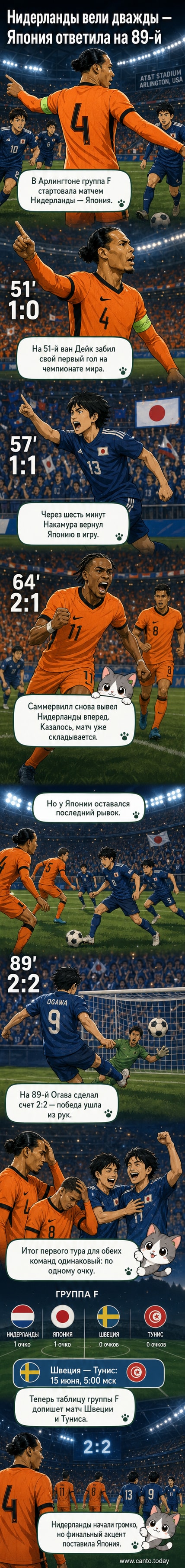 Футбольное поле в Арлингтоне, игроки Нидерландов и Японии после финального свистка при счёте 2:2 на табло.