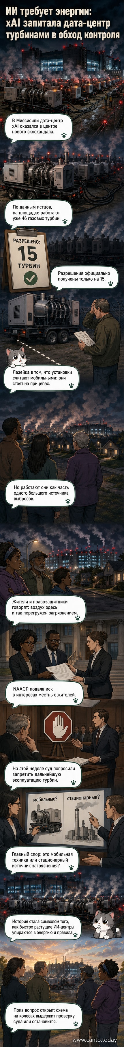Изображение дата-центра xAI в Миссисипи с газовыми турбинами на прицепах, окруженного пустынной местностью, с подписью: как работает энергоснабжение без экологического контроля.