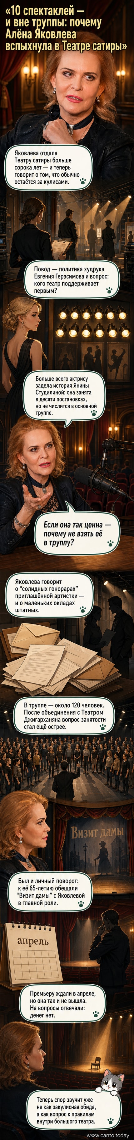 Алёна Яковлева на сцене в театральном костюме, выглядит серьёзно, позади — занавес Театра сатиры