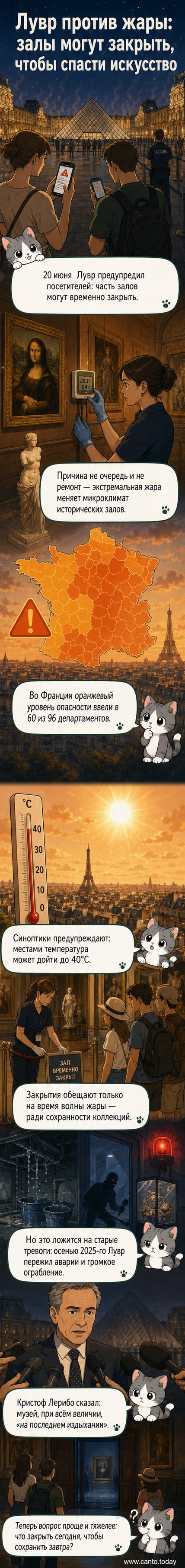 Фасад Лувра под палящим солнцем, с толпой туристов и термометром, показывающим 39 °C